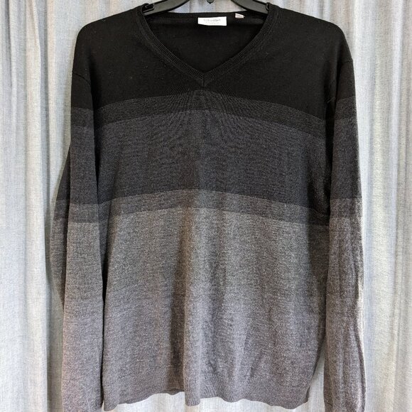 Calvin Klein Mens XL pullover sweater gray striped Merino Wool Grandpacore - Picture 1 of 5